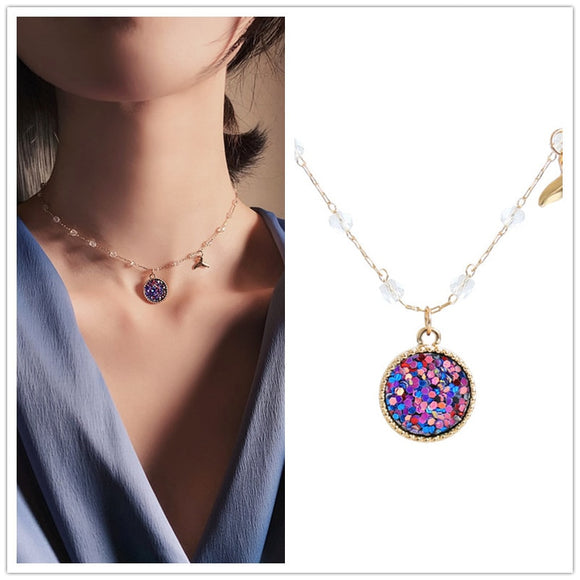 DREJEW Korean Mermaid Pink Purple Rice Crystal Pendant Necklaces Sets Long Tassel 925 Necklaces for Women Wedding Jewelry HN133