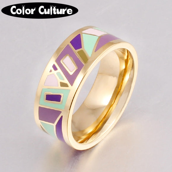 New Brand Exclusive Beautiful Geometry Color Vintage Enamel Ring 0.8cm Width gold Rings for Women Ethnic Jewelry Promotions