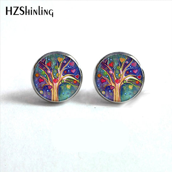 NES-0070  Tree of life Stud Earrings Weeping Willow Ear Nail Life Tree Jewelry Glass Dome Earrings For Women HZ4