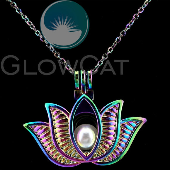 C846 Rainbow Color Large Lotus Flower Beads Cage Perfume Essential Oil Diffuser Oyster Pearl Cage Locket Necklace