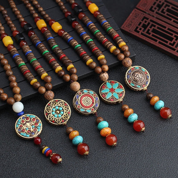 2019 New Round Plate Nepal Flower Pendant Ethnic Necklace Egypt Elephant Necklace Coconut Beads Necklace Sweater Necklaces