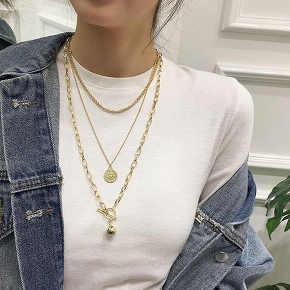 Lalynnlys Boho Retro Human Head Multi-layer Necklaces Gold Round Coin Pendant Necklace For Bohemian Statement Jewelry N68731